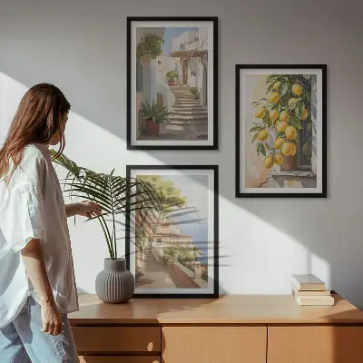 Set de 3 cuadros decorativos para salón con diseño de calles Lemon y vistas al mar