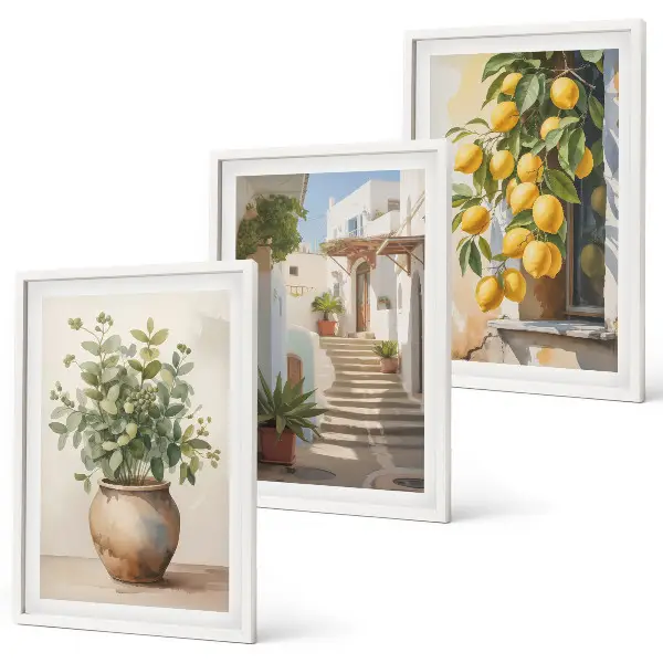 Juego de 3 cuadros con diseño de plantas en macetas, limones y calle