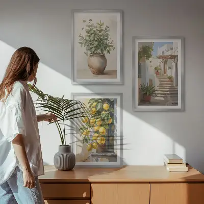 Juego de 3 cuadros con diseño de plantas en macetas, limones y calle