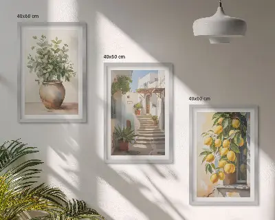Juego de 3 cuadros con diseño de plantas en macetas, limones y calle