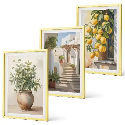 Juego de 3 cuadros con diseño de plantas en macetas, limones y calle