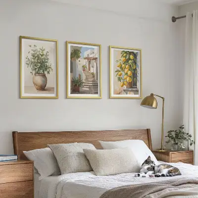 Juego de 3 cuadros con diseño de plantas en macetas, limones y calle
