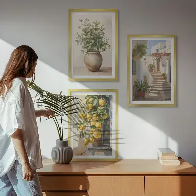 Juego de 3 cuadros con diseño de plantas en macetas, limones y calle