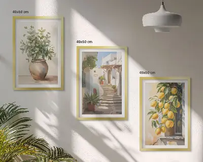 Juego de 3 cuadros con diseño de plantas en macetas, limones y calle