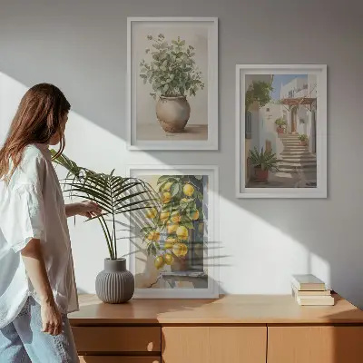 Juego de 3 cuadros con diseño de plantas en macetas, limones y calle