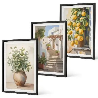 Juego de 3 cuadros con diseño de plantas en macetas, limones y calle