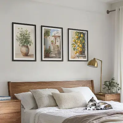Juego de 3 cuadros con diseño de plantas en macetas, limones y calle