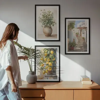 Juego de 3 cuadros con diseño de plantas en macetas, limones y calle