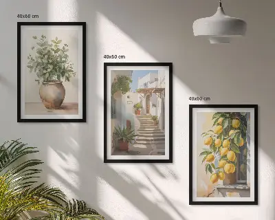 Juego de 3 cuadros con diseño de plantas en macetas, limones y calle