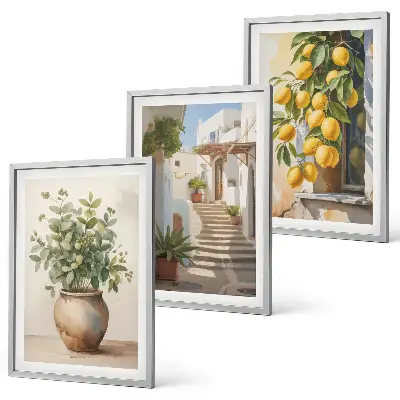 Juego de 3 cuadros con diseño de plantas en macetas, limones y calle