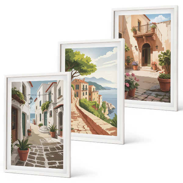 Set de 3 cuadros para salón Calles, casas, plantas, macetas