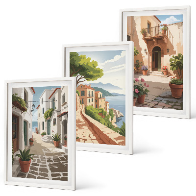 Set de 3 cuadros para salón Calles, casas, plantas, macetas