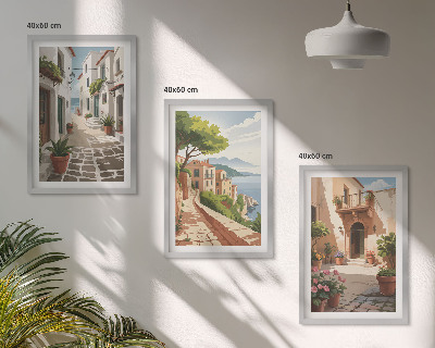 Set de 3 cuadros para salón Calles, casas, plantas, macetas