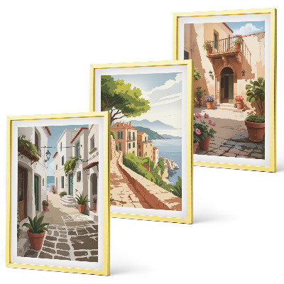 Set de 3 cuadros para salón Calles, casas, plantas, macetas