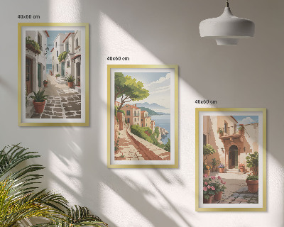 Set de 3 cuadros para salón Calles, casas, plantas, macetas