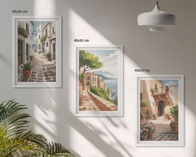 Set de 3 cuadros para salón Calles, casas, plantas, macetas