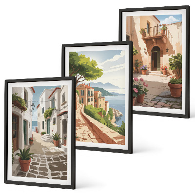 Set de 3 cuadros para salón Calles, casas, plantas, macetas