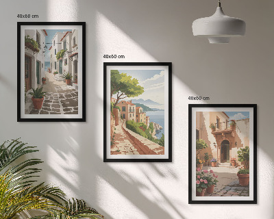 Set de 3 cuadros para salón Calles, casas, plantas, macetas