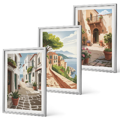 Set de 3 cuadros para salón Calles, casas, plantas, macetas