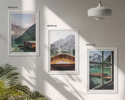 Juego de 3 cuadros con casas rurales en un lago de montaña cerca de Łódź