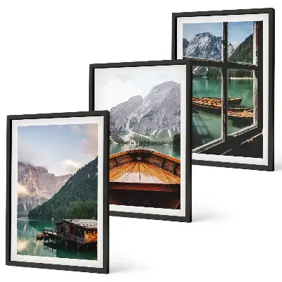 Juego de 3 cuadros con casas rurales en un lago de montaña cerca de Łódź