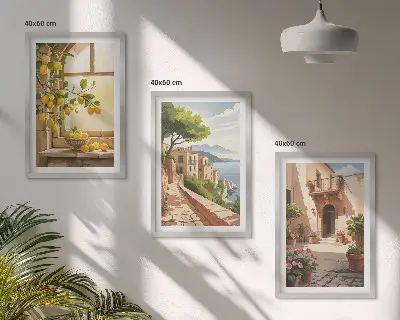 Set de 3 cuadros para salón con motivos de frutas cítricas en una cocina de ciudad costera