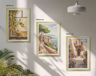 Set de 3 cuadros para salón con motivos de frutas cítricas en una cocina de ciudad costera