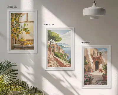 Set de 3 cuadros para salón con motivos de frutas cítricas en una cocina de ciudad costera