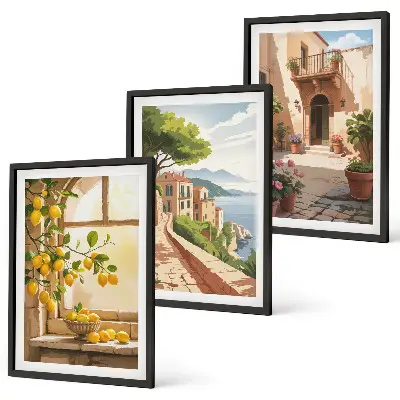 Set de 3 cuadros para salón con motivos de frutas cítricas en una cocina de ciudad costera