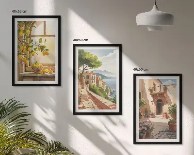 Set de 3 cuadros para salón con motivos de frutas cítricas en una cocina de ciudad costera