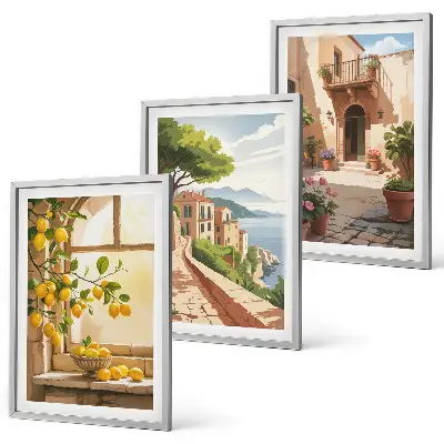 Set de 3 cuadros para salón con motivos de frutas cítricas en una cocina de ciudad costera