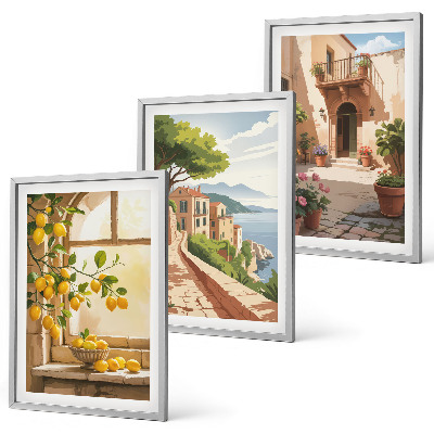 Set de 3 cuadros para salón Frutas cítricas en la cocina de la ciudad costera