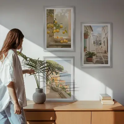 Juego de 3 cuadros con vista de ventana y árbol de cítricos