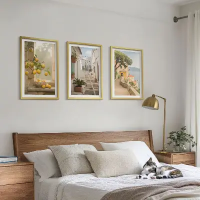 Juego de 3 cuadros con vista de ventana y árbol de cítricos