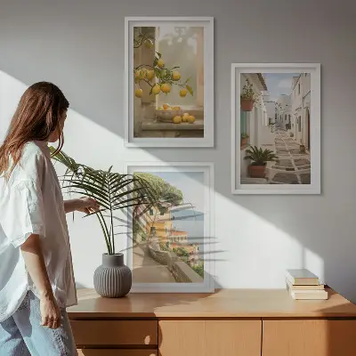 Juego de 3 cuadros con vista de ventana y árbol de cítricos