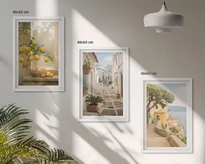 Juego de 3 cuadros con vista de ventana y árbol de cítricos