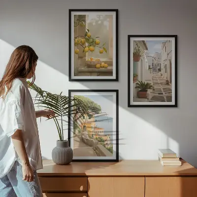 Juego de 3 cuadros con vista de ventana y árbol de cítricos