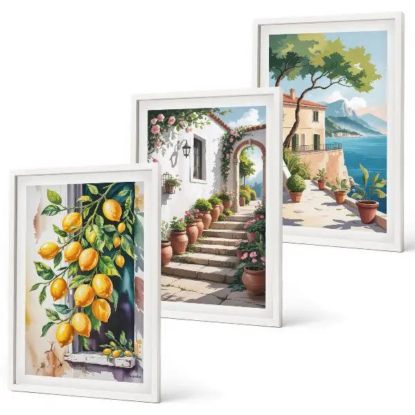 Set de 3 cuadros decorativos para salón con diseño de limones, flores y vistas al mar