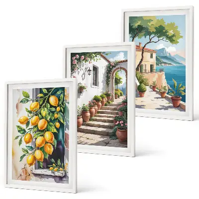 Set de 3 cuadros decorativos para salón con diseño de limones, flores y vistas al mar