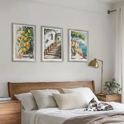 Set de 3 cuadros decorativos para salón con diseño de limones, flores y vistas al mar