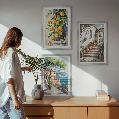 Set de 3 cuadros decorativos para salón con diseño de limones, flores y vistas al mar