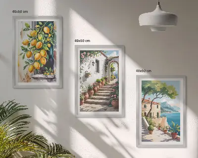 Set de 3 cuadros decorativos para salón con diseño de limones, flores y vistas al mar