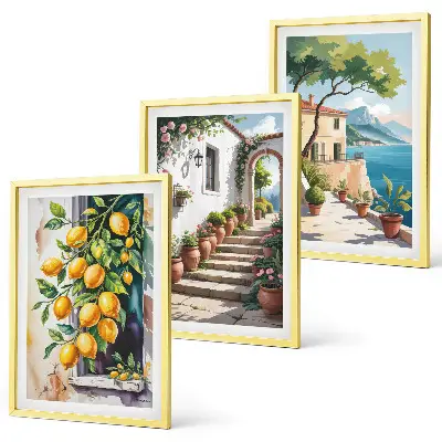 Set de 3 cuadros decorativos para salón con diseño de limones, flores y vistas al mar