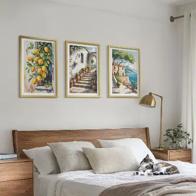 Set de 3 cuadros decorativos para salón con diseño de limones, flores y vistas al mar