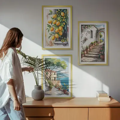 Set de 3 cuadros decorativos para salón con diseño de limones, flores y vistas al mar