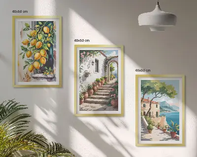Set de 3 cuadros decorativos para salón con diseño de limones, flores y vistas al mar