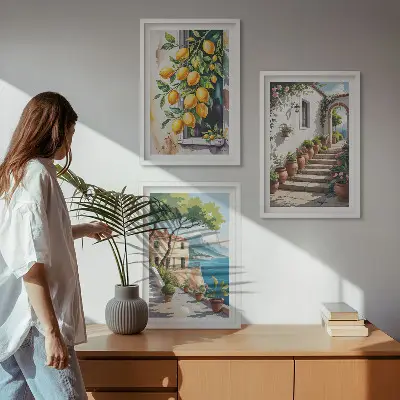 Set de 3 cuadros decorativos para salón con diseño de limones, flores y vistas al mar