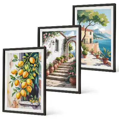 Set de 3 cuadros decorativos para salón con diseño de limones, flores y vistas al mar