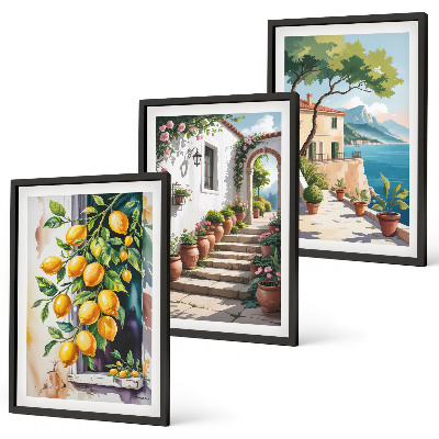 Set de 3 cuadros para salón Limones, flores, vistas al mar