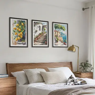 Set de 3 cuadros decorativos para salón con diseño de limones, flores y vistas al mar